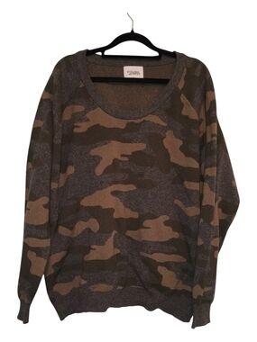 Striped & Stitched Camo Scoop Neck Sweater in Olive and Tan